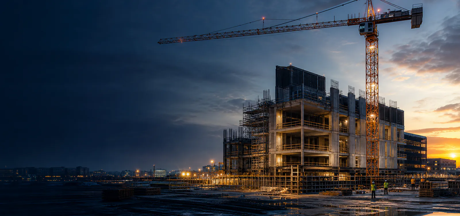 Active construction site at sunrise with a tower crane and a building in progress.